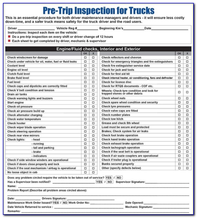 pre trip vehicle inspection checklist pdf