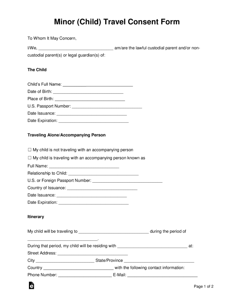 Free Travel Consent Form For Minor Traveling With One Parent ...